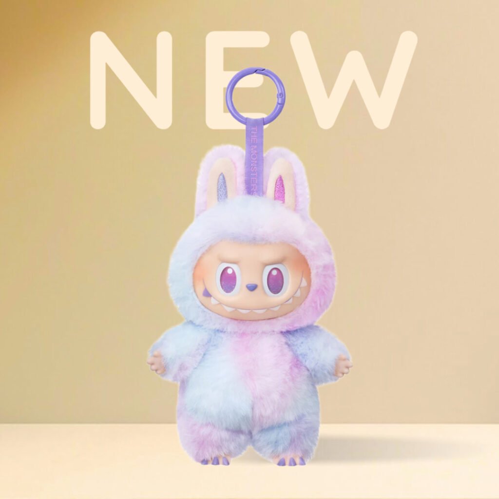 A vibrant display of various Labubu figures, including plush keychains and vinyl statues, showcasing their signature wide eyes, pointed ears, and toothy grins, set against a backdrop of modern art toys.