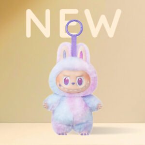 A vibrant display of various Labubu figures, including plush keychains and vinyl statues, showcasing their signature wide eyes, pointed ears, and toothy grins, set against a backdrop of modern art toys.