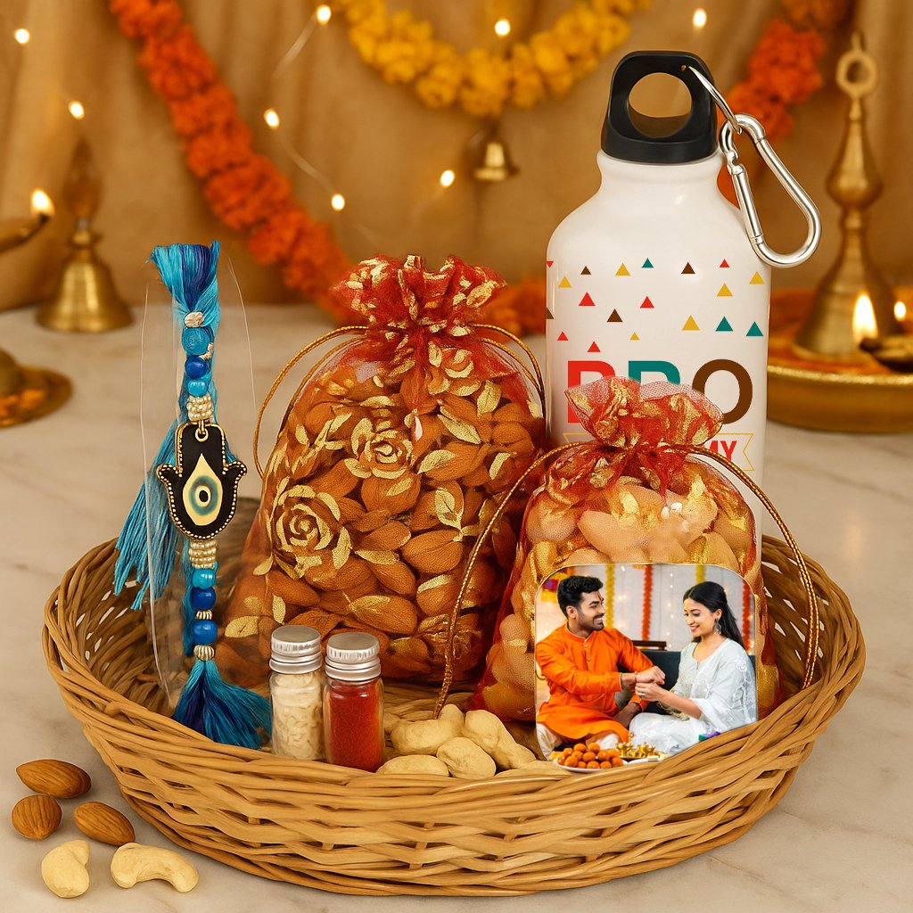Rakshabandhan Gift with Dry Fruits, Rakhi, Sipper Bottle, and Keychain