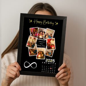 A sleek 8x12 inch custom collage frame with a matt coated finish, showcasing a beautifully arranged montage of various personal photographs, including family moments, travel memories, and special events, displayed on a modern wall in a well-lit room.