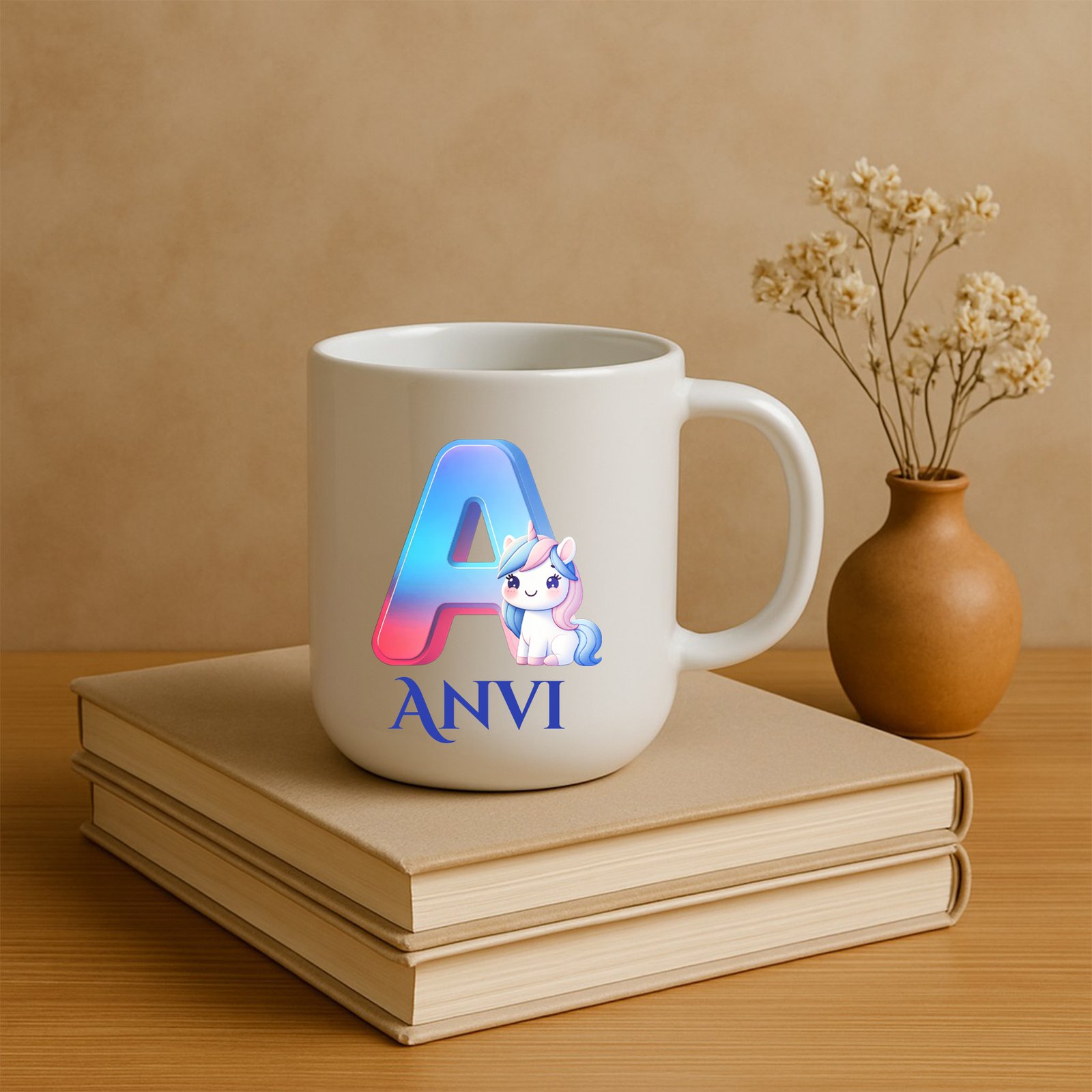 A vibrant Teen Girl Unicorn Mug featuring a custom unicorn design and a girl's name, sparkling with magic.