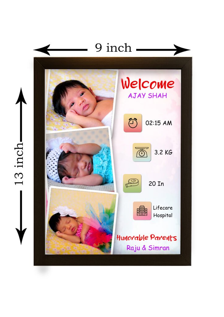 A beautifully designed Baby Birth Frame showcasing a personalized layout with a newborn's name, birth date, time, weight, length, and a heartwarming baby photo, presented in a soft, welcoming setting.