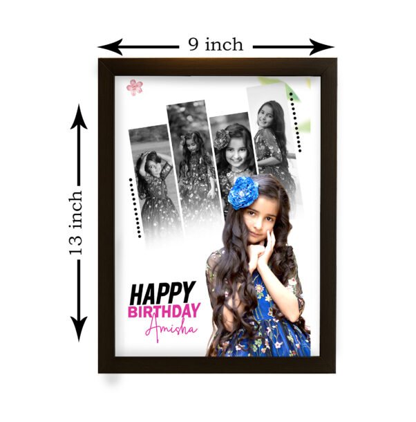 A gracefully designed girl photo frame in soft pastel colors, adorned with delicate floral patterns and a subtle shimmer, holding a heartwarming picture of a smiling girl, displayed on a vanity table.