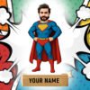 A "Personalized Superman Caricature Standee" featuring a custom face on a classic Superman body in a blue suit and red cape, mounted on a wooden base with "SUPERMAN" inscribed, set against a bedroom backdrop.
