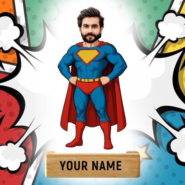 A "Personalized Superman Caricature Standee" featuring a custom face on a classic Superman body in a blue suit and red cape, mounted on a wooden base with "SUPERMAN" inscribed, set against a bedroom backdrop.