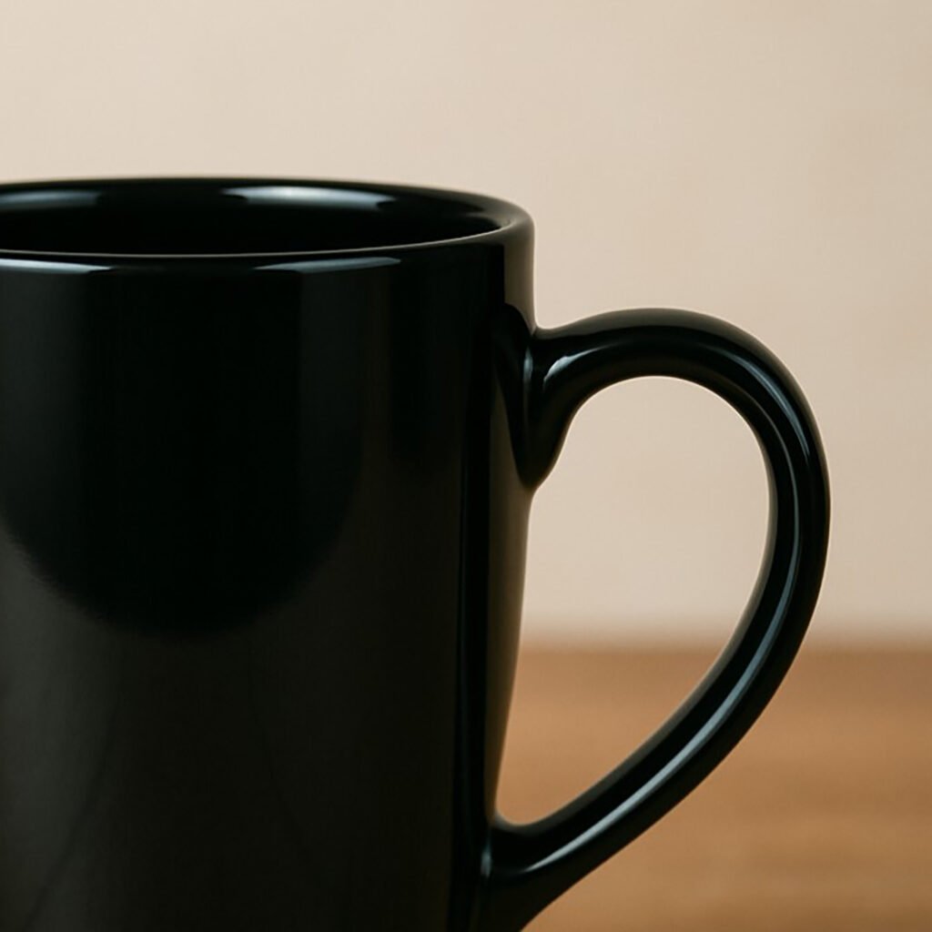 A black "Bro No. 1" Best Brother Mug" featuring text and a white bicep icon, placed on a wooden counter with white ceramic rabbit decorations and flowers in the