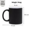 A black, heat-sensitive "Personalized Magic Mug for Rakshabandhan," appearing plain when cold, but revealing a custom photo or heartfelt message as hot liquid is poured into it.