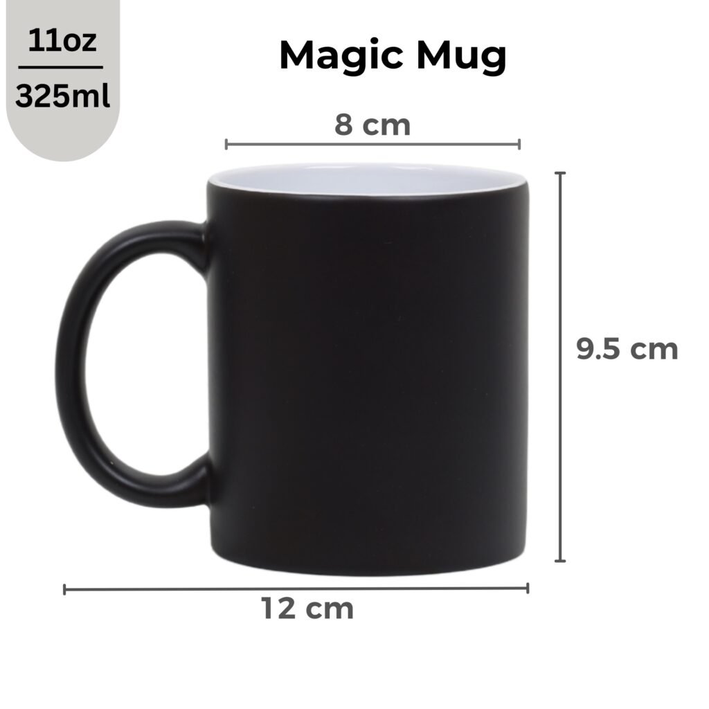 A black, heat-sensitive "Personalized Magic Mug for Rakshabandhan," appearing plain when cold, but revealing a custom photo or heartfelt message as hot liquid is poured into it.