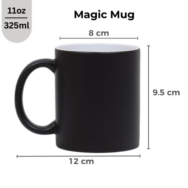 A black, heat-sensitive "Personalized Magic Mug for Rakshabandhan," appearing plain when cold, but revealing a custom photo or heartfelt message as hot liquid is poured into it.