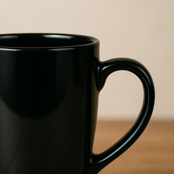 A black "Bro No. 1" Best Brother Mug" featuring text and a white bicep icon, placed on a wooden counter with white ceramic rabbit decorations and flowers in the