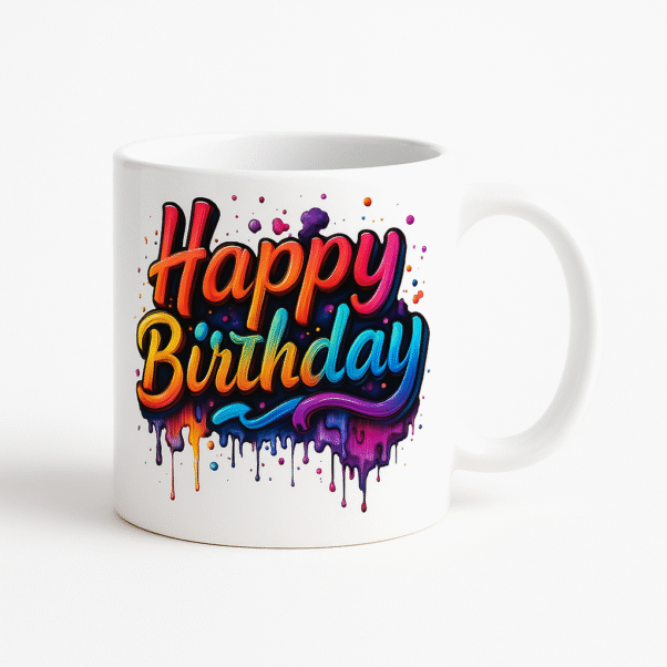 A white ceramic "Happy Birthday Mug" featuring a colorful, dripping paint-style "Happy Birthday" text, placed on a wooden desk with a blurred plant and papers in the background.