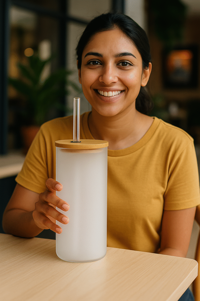 A white Spotify Code Tumbler with a bamboo lid and clear straw, featuring a custom photo of a couple, song title "Tum Hi Ho," artist "Arijit Singh," Spotify player controls, and the song title repeated at the bottom, mimicking the Spotify interface.