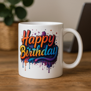 A white ceramic "Happy Birthday Mug" featuring a colorful, dripping paint-style "Happy Birthday" text, placed on a wooden desk with a blurred plant and papers in the background.