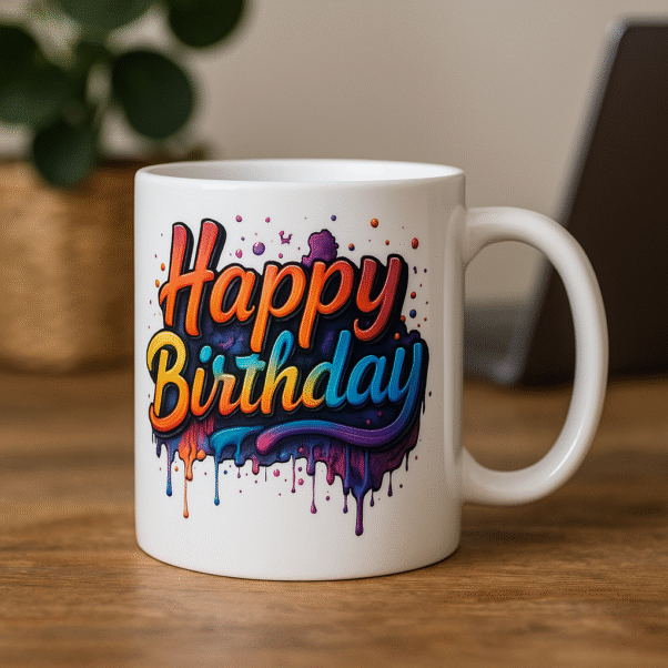 A white ceramic "Happy Birthday Mug" featuring a colorful, dripping paint-style "Happy Birthday" text, placed on a wooden desk with a blurred plant and papers in the background.