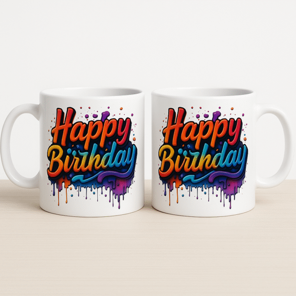 A white ceramic "Happy Birthday Mug" featuring a colorful, dripping paint-style "Happy Birthday" text, placed on a wooden desk with a blurred plant and papers in the background.