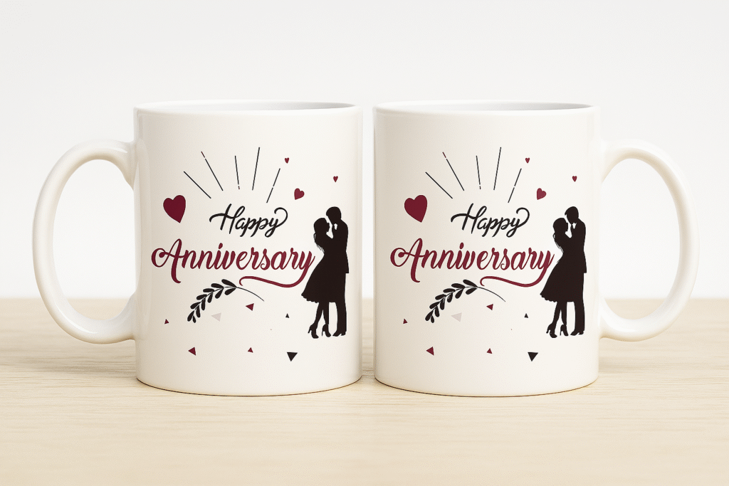 A white ceramic "Happy Anniversary Mug" featuring elegant black and red "Happy Anniversary" text, hearts, delicate leaf patterns, and a silhouette of a loving couple,