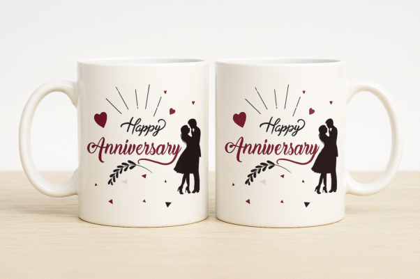 A white ceramic "Happy Anniversary Mug" featuring elegant black and red "Happy Anniversary" text, hearts, delicate leaf patterns, and a silhouette of a loving couple,