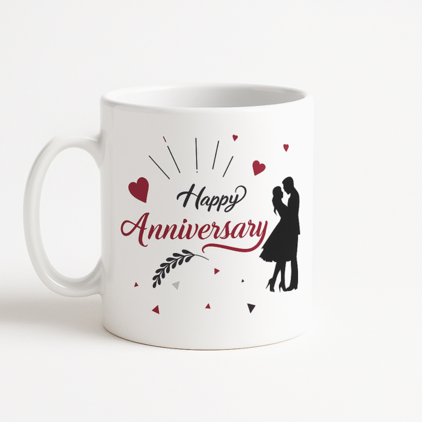 A white ceramic "Happy Anniversary Mug" featuring elegant black and red "Happy Anniversary" text, hearts, delicate leaf patterns, and a silhouette of a loving couple,