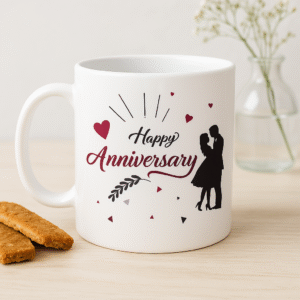 A white ceramic "Happy Anniversary Mug" featuring elegant black and red "Happy Anniversary" text, hearts, delicate leaf patterns, and a silhouette of a loving couple,
