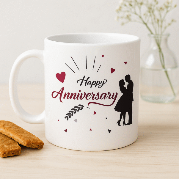 A white ceramic "Happy Anniversary Mug" featuring elegant black and red "Happy Anniversary" text, hearts, delicate leaf patterns, and a silhouette of a loving couple,