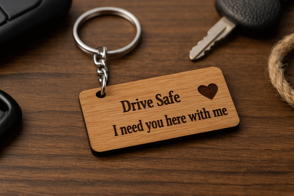A rectangular light brown "MDF keychain" with rounded corners, engraved with "Drive Safe I need you here with me" text and a small heart icon,