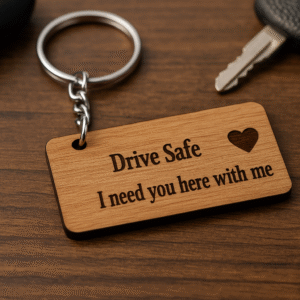 A rectangular light brown "MDF keychain" with rounded corners, engraved with "Drive Safe I need you here with me" text and a small heart icon,