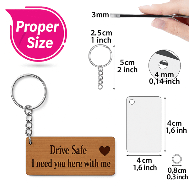 A rectangular light brown "MDF keychain" with rounded corners, engraved with "Drive Safe I need you here with me"