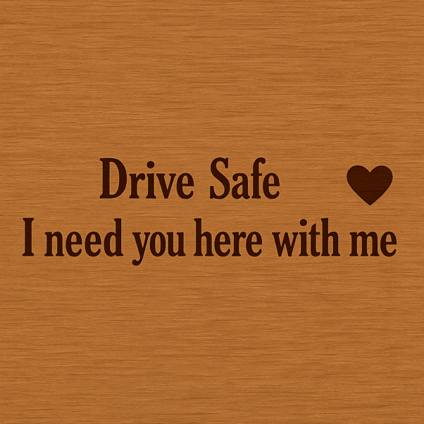 A rectangular light brown "MDF keychain" with rounded corners, engraved with "Drive Safe I need you here with me"