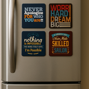 Set of four square personalised fridge magnets with inspirational quotes on a stainless steel refrigerator