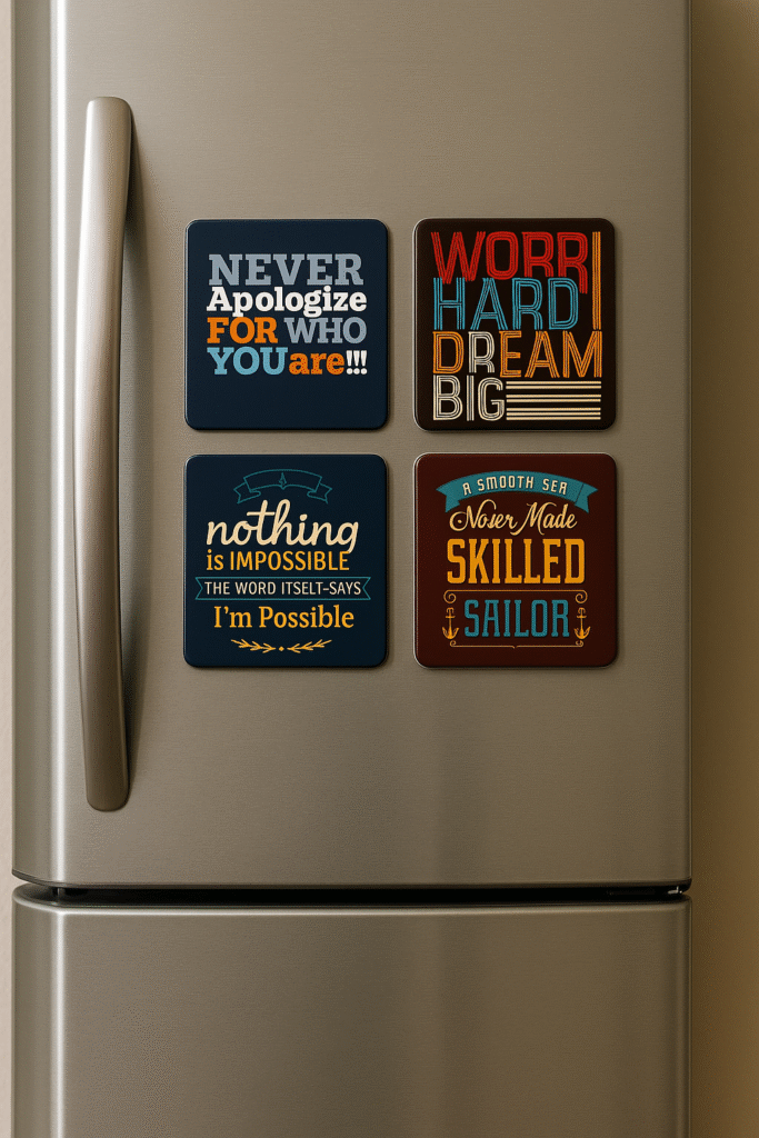 Set of four square personalised fridge magnets with inspirational quotes on a stainless steel refrigerator