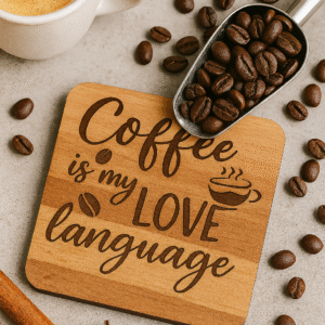 MDF coaster with “Coffee is my love language” quote surrounded by coffee beans and a cup of espresso