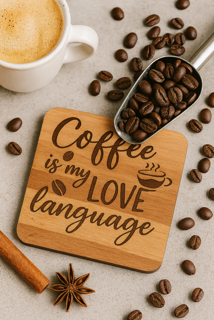MDF coaster with “Coffee is my love language” quote surrounded by coffee beans and a cup of espresso
