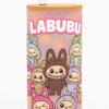 Two views of a Custom Name Labubu Tumbler for Kids: one side shows "LABUBU" text with multiple Labubu characters, the other side shows the personalized name "ROHAN." Both tumblers have a wooden lid and a clear straw.