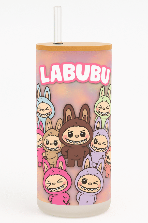 Two views of a Custom Name Labubu Tumbler for Kids: one side shows "LABUBU" text with multiple Labubu characters, the other side shows the personalized name "ROHAN." Both tumblers have a wooden lid and a clear straw.