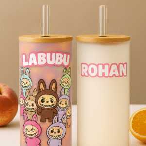 Two views of a Custom Name Labubu Tumbler for Kids: one side shows "LABUBU" text with multiple Labubu characters, the other side shows the personalized name "ROHAN." Both tumblers have a wooden lid and a clear straw.
