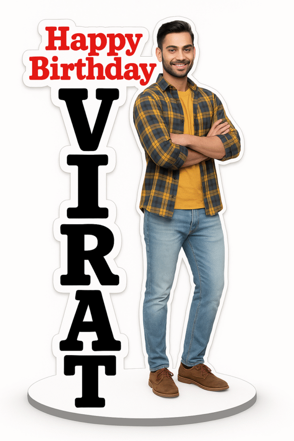 Birthday caricature standee with customized name "VIRAT" and smiling male cartoon figure
