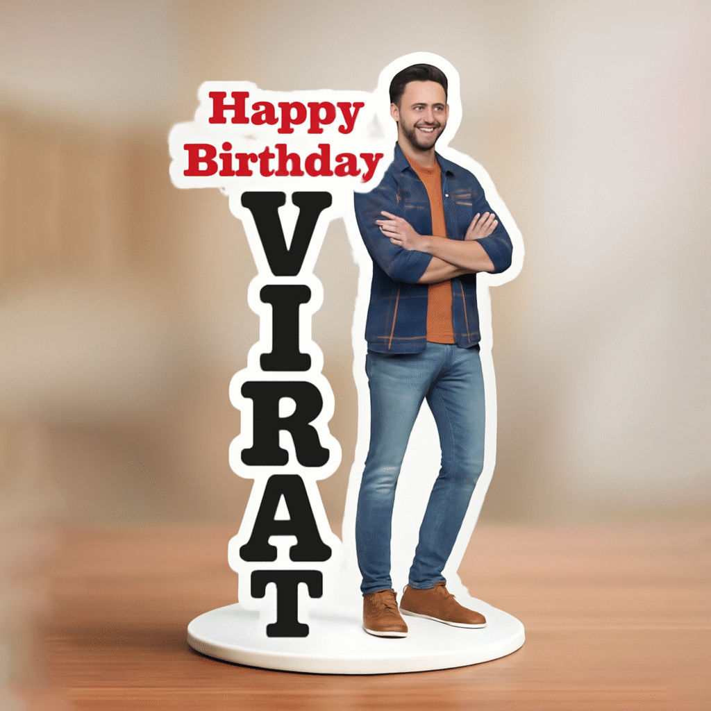 Birthday caricature standee with customized name "VIRAT" and smiling male cartoon figure