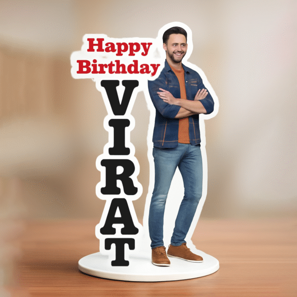 Birthday caricature standee with customized name "VIRAT" and smiling male cartoon figure