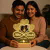 A personalized Acrylic Photo Lamp glowing warmly in a dim room, featuring a heart-shaped design with an etched photo of a couple, their names "Mihir" and "Khushi", a date "10.14.2023", and a music equalizer design, all mounted on a wooden base with candles and rose petals in the foreground.