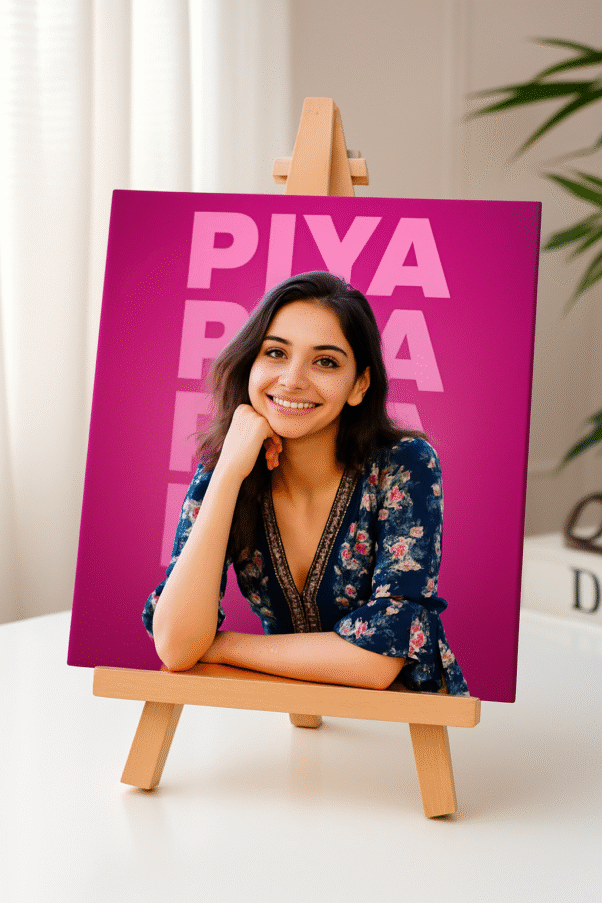 A personalized Mini Canvas with Wooden Easel displaying a smiling woman's portrait with the name "PIYA" in large letters on a vibrant pink background, set on a light wooden easel.