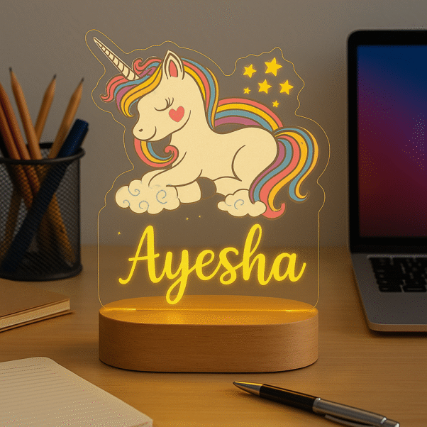 A glowing Customized Unicorn Lamp with Name on a wooden base, featuring an etched illustration of a unicorn with a rainbow mane and tail, surrounded by stars, with the name "Ayesha" personalized at the bottom.