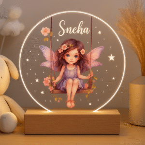 A glowing circular Customized Acrylic LED Lamp with Name on a wooden base, featuring an etched illustration of a fairy on a swing surrounded by stars and flowers, with the name "Sneha" personalized at the top.