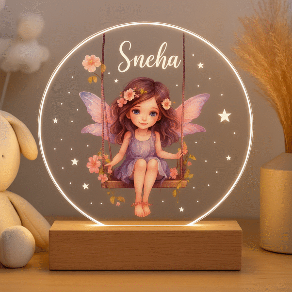 A glowing circular Customized Acrylic LED Lamp with Name on a wooden base, featuring an etched illustration of a fairy on a swing surrounded by stars and flowers, with the name "Sneha" personalized at the top.
