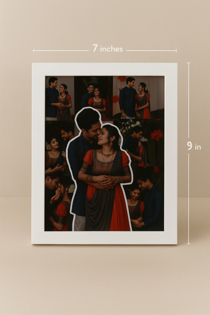 A white-framed Customized Couple Picture Frames with a collage of couple photos, featuring a large cutout of the couple in the center, placed on a desk next to a plant and a mug.