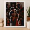 A white-framed Customized Couple Picture Frames with a collage of couple photos, featuring a large cutout of the couple in the center, placed on a desk next to a plant and a mug.