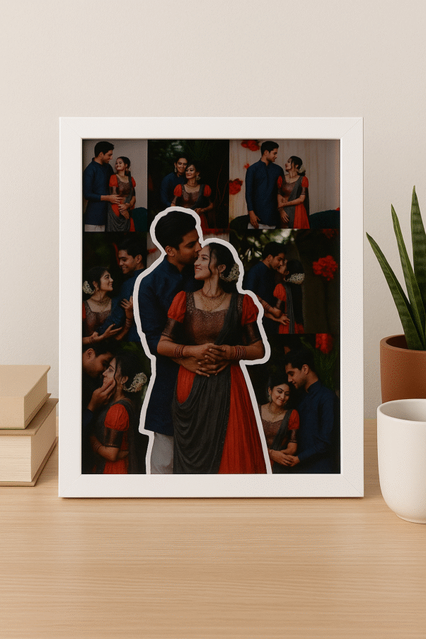A white-framed Customized Couple Picture Frames with a collage of couple photos, featuring a large cutout of the couple in the center, placed on a desk next to a plant and a mug.