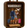 A brown, suitcase-shaped Travel piggy bank with a clear front panel, featuring "WANDERLUST" text, an airplane icon, and an illustration of a couple with luggage, along with a stack of folded notes inside, suggesting a slot for money.