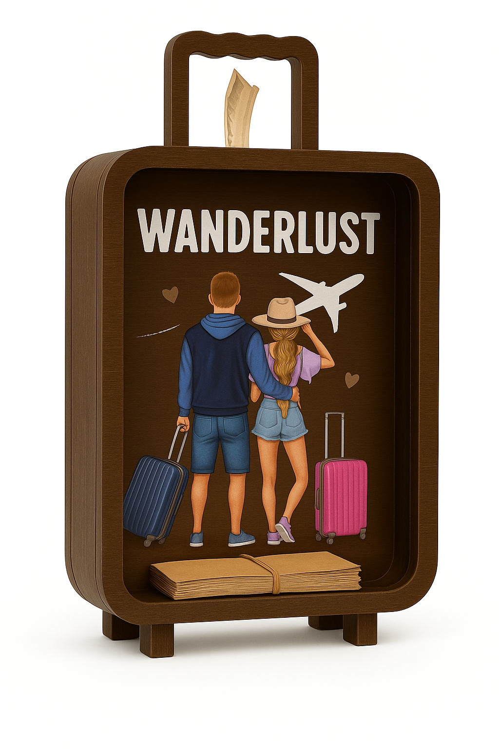 A brown, suitcase-shaped Travel piggy bank with a clear front panel, featuring "WANDERLUST" text, an airplane icon, and an illustration of a couple with luggage, along with a stack of folded notes inside, suggesting a slot for money.