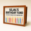 A rectangular Happy Birthday Wooden Photo Money Bank Box with a wooden frame and a clear front panel displaying "SEJAL'S BIRTHDAY FUND" and "364 DAYS OF SAVING FOR THIS AWESOME DAY!" with colorful candle illustrations, suggesting a photo slot behind the clear panel.