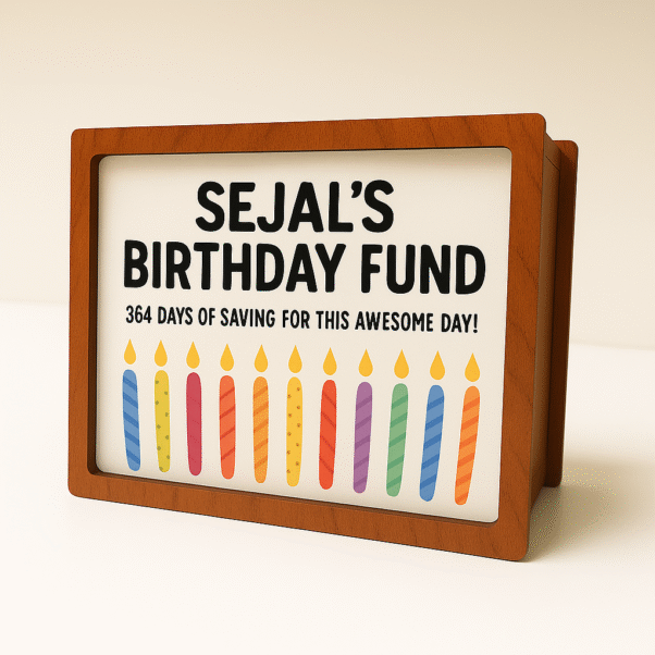 A rectangular Happy Birthday Wooden Photo Money Bank Box with a wooden frame and a clear front panel displaying "SEJAL'S BIRTHDAY FUND" and "364 DAYS OF SAVING FOR THIS AWESOME DAY!" with colorful candle illustrations, suggesting a photo slot behind the clear panel.